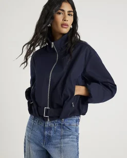 Navy Belted Bubble Hem Jacket
