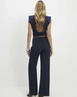 Navy Belted Straight Leg Trousers