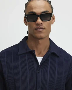 Navy Boxy Fit Ribbed Shirt