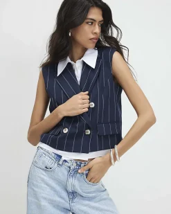 Navy Boxy Pinstripe Hybrid Waistcoat