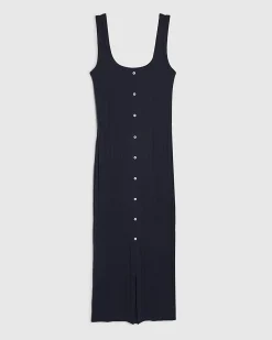 Navy Cotton Blend Button Front Midi Dress