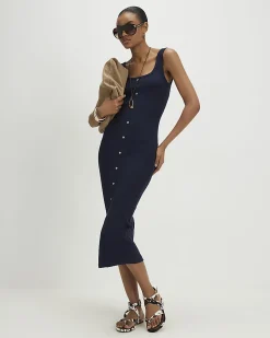 Navy Cotton Blend Button Front Midi Dress