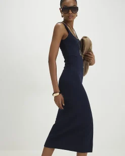 Navy Cotton Blend Button Front Midi Dress