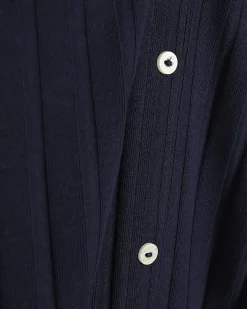 Navy Cotton Blend Button Front Midi Dress