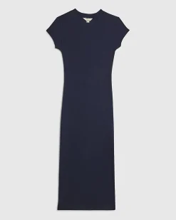 Navy Cotton Blend Cap Sleeve Midi Dress