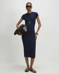Navy Cotton Blend Cap Sleeve Midi Dress