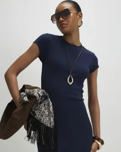Navy Cotton Blend Cap Sleeve Midi Dress
