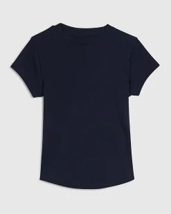 Navy Cotton Blend Fitted Ribbed Top