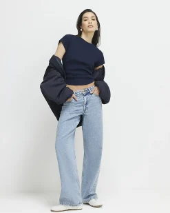 Navy Cotton Blend Fitted Ribbed Top