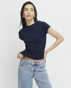 Navy Cotton Blend Fitted Ribbed Top