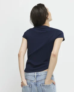 Navy Cotton Blend Fitted Ribbed Top