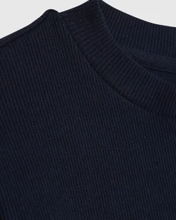 Navy Cotton Blend Fitted Ribbed Top