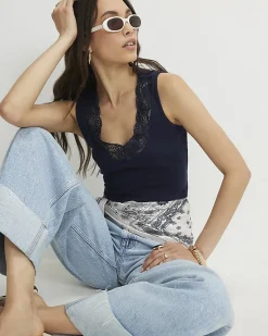 Navy Cotton Blend Lace Trim Tank Top