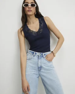 Navy Cotton Blend Lace Trim Tank Top
