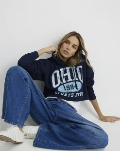 Navy Cotton Blend Ohio Cropped Hoodie