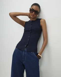 Navy Cotton Blend Popper Tank Top