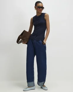 Navy Cotton Blend Popper Tank Top