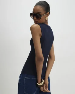 Navy Cotton Blend Popper Tank Top