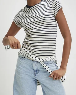 Navy Cotton Blend Rib Stripe Fitted T-Shirt