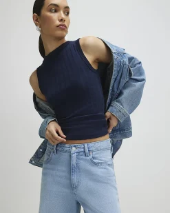 Navy Cotton Blend Ribbed Tank Top