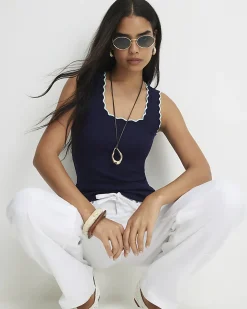 Navy Cotton Blend Scallop Tank Top