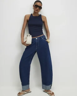 Navy Cotton Blend Sleeveless Ribbed Cami Top