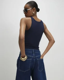 Navy Cotton Blend Sleeveless Ribbed Cami Top