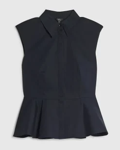 Navy Cotton Blend Sleeveless Peplum Shirt