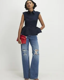 Navy Cotton Blend Sleeveless Peplum Shirt