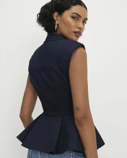 Navy Cotton Blend Sleeveless Peplum Shirt