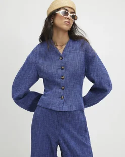 Navy Cotton Cocoon Sleeve Seamed Jacket