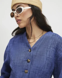 Navy Cotton Cocoon Sleeve Seamed Jacket