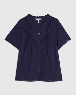Navy Cotton Lace Button Through Blouse