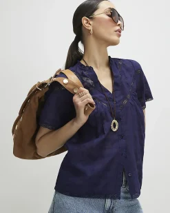 Navy Cotton Lace Button Through Blouse
