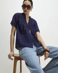 Navy Cotton Lace Button Through Blouse