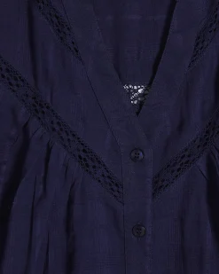 Navy Cotton Lace Button Through Blouse