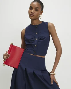 Navy Cotton Poplin Sleeveless Waistcoat Top