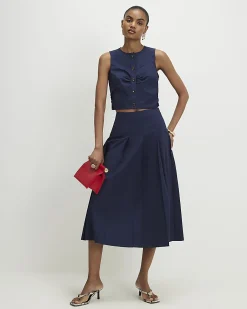 Navy Cotton Poplin Sleeveless Waistcoat Top