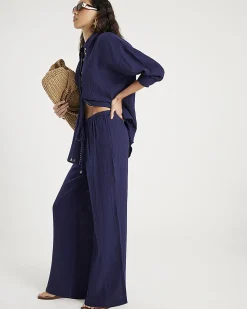 Navy Crinkle Drawstring Wide Leg Trousers