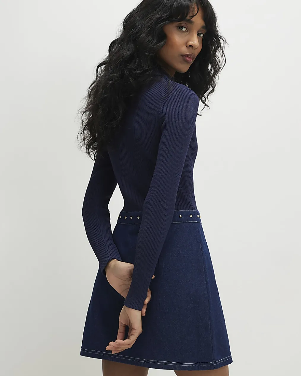 Navy Denim Knit Hybrid Mini Dress