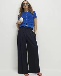 Navy Denim Look Wide Leg Trousers