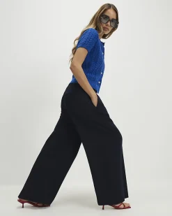Navy Denim Look Wide Leg Trousers