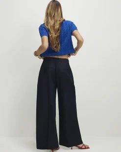 Navy Denim Look Wide Leg Trousers