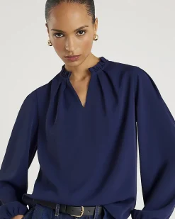 Navy Frill Trim Long Sleeve Top