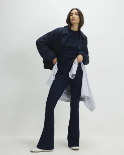 Navy High Waisted Ribbed Flare Leggings