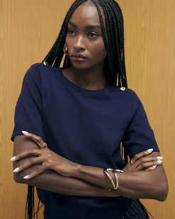 Navy Knitted Short Sleeve Top