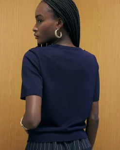 Navy Knitted Short Sleeve Top