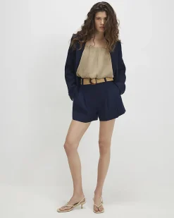 Navy Linen Blend Belted Shorts