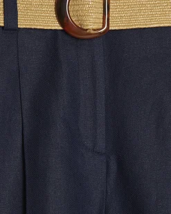 Navy Linen Blend Belted Shorts