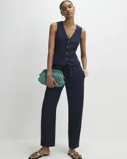 Navy Linen Blend Button V-Neck Waistcoat